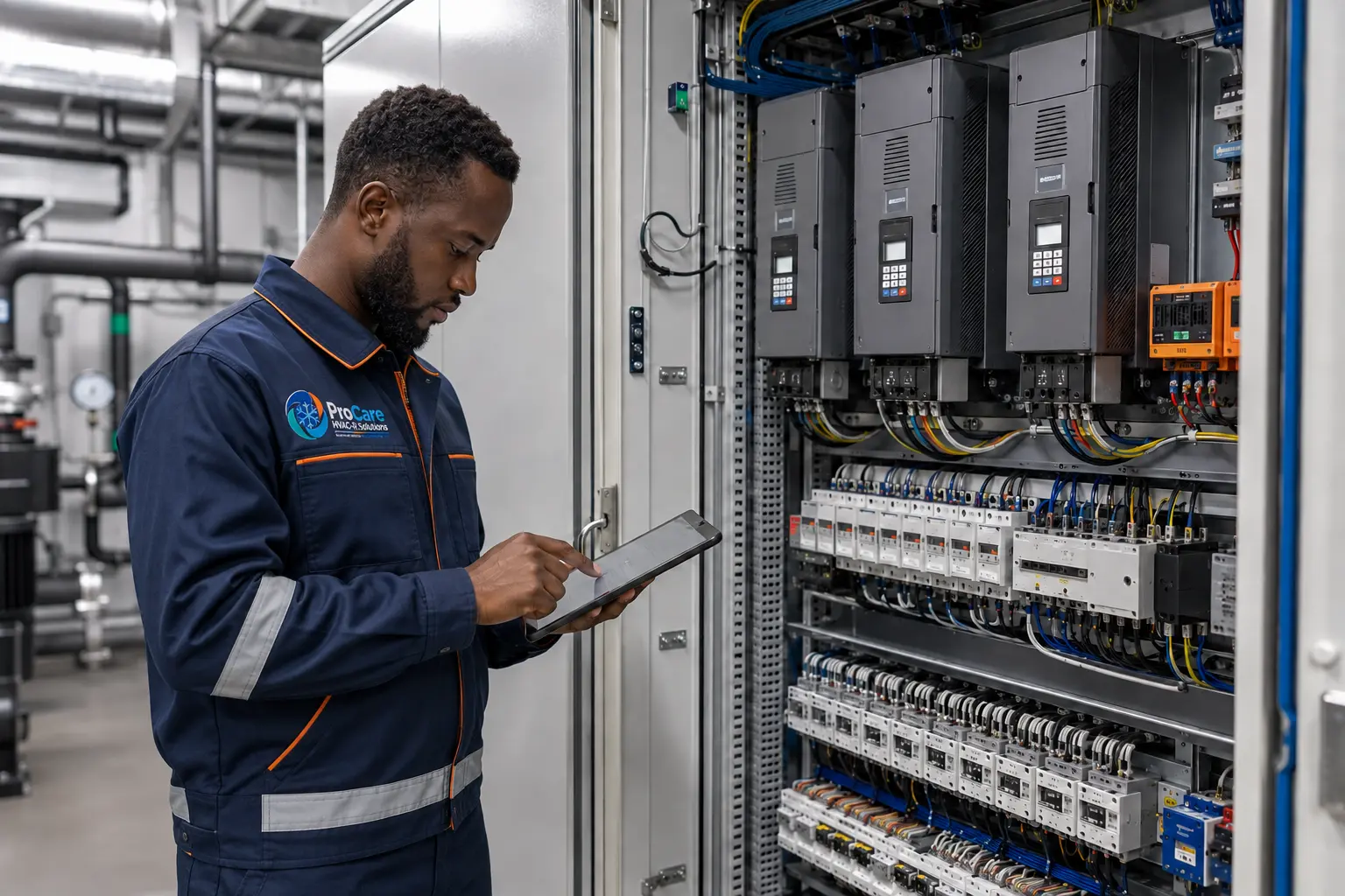 ProCare technician in branded uniform inspecting an HVAC-R electrical control panel