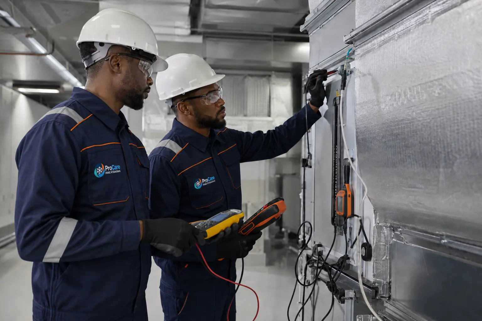 ProCare HVAC-R technicians in branded uniforms completing system testing and commissioning